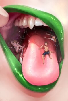 1girl 2021 3boys barefoot blonde_hair blush borrowed_character brown_hair close-up closed_eyes commentary commission english_commentary giant giantess heavy_breathing highres lying male_swimwear mouth_focus multiple_boys on_back onkinky open_mouth original puffy_sleeves saliva struggling swim_trunks teeth tongue tongue_out topless_male trapped upper_teeth_only vore