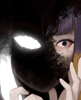 1girl absurdres blunt_bangs bobsta01 broken_mask cracked_kawaii_mask cracked_mask gradient_hair hashtag-only_commentary highres hololive hololive_english long_hair mask mismatched_eyes multicolored_hair ninomae_ina&#039;nis orange_hair pointy_ears purple_hair tentacle_hair virtual_youtuber