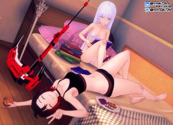 2girls book cookie ffreak726 food grin highres holding holding_cookie holding_food koikatsu_(medium) looking_at_viewer multiple_girls on_bed red_hair ruby_rose rwby smile underwear v weiss_schnee white_hair