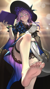 1girl :q aqua_eyes arm_belt barefoot black_dress black_hat black_shorts blue_dress blush book breasts chinese_commentary cleavage closed_mouth commentary_request covered_erect_nipples dress earrings feet full_body hair_between_eyes hair_over_breasts hand_up hat highres holding holding_book honkai:_star_rail honkai_(series) jade_(honkai:_star_rail) jewelry large_bag light_rays long_hair multicolored_dress pink_hair pink_lips short_sleeves shorts shorts_under_dress smile soles solo sparkle standing standing_on_one_leg tongue tongue_out tongue_up white_dress zjzpm0316