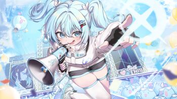 1girl :d absurdres aircraft arahashi_tabi balloon black_gloves black_shorts blue_eyes blue_hair blue_nails blue_sky blush cloud commentary_request day eyewear_on_head fingerless_gloves gloves hair_between_eyes hair_intakes hair_ornament hairclip headset highres holding holding_megaphone hot_air_balloon jacket long_sleeves looking_at_viewer megaphone nail_polish nanana_narang open_mouth outdoors pointing puffy_long_sleeves puffy_sleeves shoes short_shorts shorts single_thighhigh skindentation sky smile solo stellive thighhighs twintails v-shaped_eyebrows virtual_youtuber white_jacket white_shoes white_thighhighs