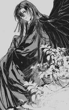 Rule 34 | 1boy, aki uzuzame, bishounen, black hair, black wings, chinese clothes, closed mouth, commentary, feathered wings, flower, grey background, greyscale, hair between eyes, hair ornament, hair ribbon, half updo, hanfu, highres, leaf, light particles, long hair, long sleeves, looking at viewer, looking back, male focus, modao zushi, monochrome, monsterification, official alternate hairstyle, ribbon, robe, sidelocks, simple background, sitting, solo, symbol-only commentary, tassel, tassel hair ornament, tengu, twitter username, watermark, wei wuxian, wei wuxian (yiling laozu), wide sleeves, wings