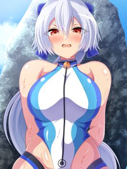 1girl aokura_shou blue_one-piece_swimsuit breasts commentary_request fate/grand_order fate_(series) highres large_breasts long_hair looking_at_viewer one-piece_swimsuit open_mouth ponytail red_eyes rock solo swimsuit tomoe_gozen_(fate) tomoe_gozen_(swimsuit_saber)_(fate) tomoe_gozen_(swimsuit_saber)_(first_ascension)_(fate) white_hair