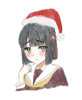 1girl 3: black_hair blunt_bangs blunt_ends blush bob_cut brown_dress commentary cropped_shoulders dress fur-trimmed_headwear fur_trim green_eyes hasu_no_sora_school_uniform hat highres light_frown link!_like!_love_live! long_sleeves looking_at_viewer love_live! momose_ginko neckerchief ponyou1030 raised_inner_eyebrows red_hat sailor_collar sailor_dress santa_hat school_uniform short_hair simple_background solo virtual_youtuber white_background white_sailor_collar winter_uniform yellow_neckerchief