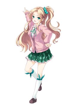 1girl blonde_hair brown_shoes cardigan full_body girlfriend_(kari) green_eyes green_ribbon green_scrunchie green_skirt hayashida_kira kneehighs loafers long_hair looking_at_viewer miniskirt neck_ribbon official_art pink_cardigan plaid_clothes plaid_skirt pleated_skirt qp:flapper ribbon school_uniform scrunchie shirt shoes simple_background skirt smile socks solo thighs transparent_background white_shirt white_socks