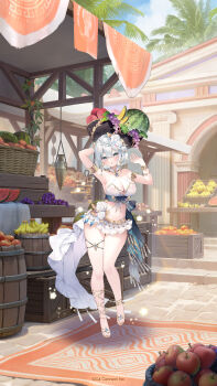 1girl :o anklet apple architecture armlet armpits banana bare_shoulders barrel basket breasts character_request cleavage coconut_tree earrings flower food fruit gold_anklet gold_armlet grapes greco-roman_architecture green_eyes hair_between_eyes hair_flower hair_ornament highres houchi_shoujo jewelry midriff official_art palm_tree rose rug sky solo tree vase watermelon white_flower white_hair white_rose