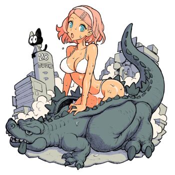 animal bikini blue_eyes breasts building claws cleavage costume crocodile crocodilian dattosan dinosaur flying_sweatdrops giant giantess godzilla godzilla_(series) hairband highleg highleg_bikini highres kaiju open_mouth original pink_hair short_hair spikes sweat sweatdrop swimsuit tail tan toho tongue white_bikini