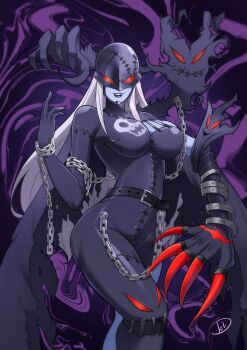 Rule 34 | 1girl, absurdres, black bodysuit, black lips, blue skin, bodysuit, breasts, chain, colored skin, deliciousbrain, digimon, digimon (creature), evil grin, evil smile, fang, feet out of frame, grin, highres, ladydevimon, large breasts, long hair, mask, red eyes, signature, skull print, smile, stitches, torn bodysuit, torn clothes, white hair