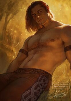 Rule 34 | 1boy, arm hair, armpit hair, artist name, baldur's gate, baldur's gate 3, body hair, chest hair, dungeons & dragons, dungeons &amp; dragons, full body, halsin, male focus, medium hair, muscular, muscular arms, muscular male, naariel art, patreon username, pectorals, pointy ears, scar, scar on face, solo, topless male