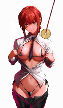 1girl areola_slip bikini black_bikini black_pants braid braided_ponytail breasts chainsaw_man cleavage clothes_pull coin coin_on_string collar collared_shirt dress_shirt female_pubic_hair highres holed_coin hypnosis irony large_breasts long_hair long_sleeves looking_at_viewer makima_(chainsaw_man) micro_bikini mind_control navel necktie open_clothes open_shirt pants pants_pull pubic_hair red_hair ringed_eyes shirt smile solo swimsuit thighs ulrich_(tagaragakuin) white_shirt yellow_eyes