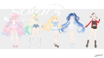 5girls ahoge alternate_costume arm_cutout black_ribbon black_shirt black_shoes black_shorts blonde_hair blue_eyes blue_hair blue_jacket blue_ribbon blue_shirt boots breasts brown_boots camellya_(wuthering_waves) closed_mouth clothing_cutout collarbone colored_inner_hair commentary crop_top denia_(wuthering_waves) denim denim_shorts dress finger_gun frilled_shirt frills full_body gradient_hair green_hair green_nails grey_eyes guest_art hair_ornament hair_ribbon hairband hand_up highres iuno_(wuthering_waves) jacket kneehighs logo long_hair looking_at_viewer lynae_(wuthering_waves) midriff multicolored_hair multiple_girls nail_polish navel phoebe_(wuthering_waves) pillarboxed pink_hair pink_jacket pink_skirt red_jacket ribbon satsuya shirt shoes short_hair short_twintails shorts shoulder_cutout skirt small_breasts smile sneakers socks standing streaked_hair twintails very_long_hair w white_boots white_dress white_hairband white_shirt white_shoes white_skirt white_socks wuthering_waves
