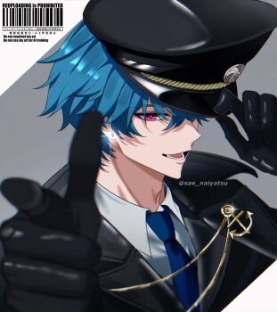 Rule 34 | 1boy, anchor ornament, barcode, black gloves, black hat, blue hair, blue necktie, blurry, blurry foreground, brant (wuthering waves), collared shirt, commentary, earrings, english commentary, gloves, hat, highres, jewelry, looking at viewer, male focus, necktie, open mouth, peaked cap, pink eyes, pointing, pointing at viewer, portrait, sae naiyatsu, shirt, short hair, smile, solo, watermark, white shirt, wuthering waves