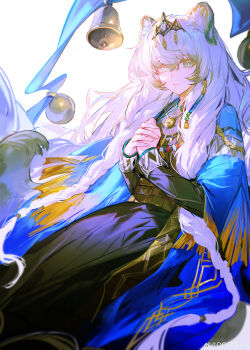 1girl absurdres animal_ear_fluff animal_ears arknights bell bright_pupils closed_mouth commentary commentary_request dooduck highres long_hair long_sleeves looking_at_viewer own_hands_together pramanix_(arknights) pramanix_the_prerita_(arknights) snow_leopard_ears snow_leopard_girl solo symbol-only_commentary tiara tibetan_clothes watermark weibo_watermark white_hair