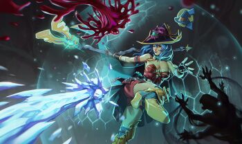 Rule 34 | 1girl, armor, armored boots, belt, blocking, blue hair, boots, breasts, cape, cavern, commentary, commission, cryokinesis, dang (runescape), deflect, duellist's cap (tier 6), energy barrier, energy shield, english commentary, fingerless gloves, full body, gameplay mechanics, gloves, glowing hat, gold trim, green belt, green cape, hat, hemokinesis, hexagon, highres, holding, leotard, long hair, magic, making-of available, medium breasts, old school runescape, orange eyes, original, overhead prayer (runescape), poleyn, red leotard, runescape, second-party source, shadow, shield, shiny lips, solo, staff of armadyl (runescape), standing, sun symbol, thick eyebrows, voland, weapon, yellow eyes