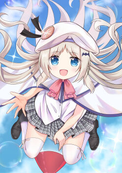 Rule 34 | 1girl, :d, bat hair ornament, beret, black ribbon, black shoes, blue eyes, blush, bow, bowtie, buttons, cape, commentary, day, floating hair, from above, grey hair, grey skirt, hair ornament, happy, hat, hat ribbon, highres, kk0220, kud wafter, little busters!, little busters! school uniform, long hair, looking at viewer, looking up, miniskirt, noumi kudryavka, open mouth, outdoors, outstretched hand, parted bangs, pink bow, pink bowtie, plaid clothes, plaid skirt, pleated skirt, ribbon, rocket, school uniform, shirt, shoes, sidelocks, sitting, skirt, smile, soap bubbles, solo, sparkle, summer uniform, thighhighs, white cape, white hat, white shirt, white thighhighs, zettai ryouiki