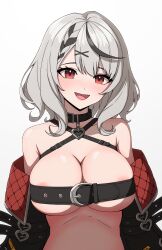 Rule 34 | 1girl, absurdres, areola slip, bare shoulders, black hair, blush, breasts, cleavage, daydarion, grey hair, hair ornament, highres, hololive, large breasts, medium hair, multicolored hair, open mouth, red eyes, sakamata chloe, solo, streaked hair, virtual youtuber, x hair ornament