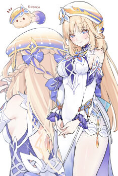 1girl bare_shoulders blonde_hair braid breasts closed_mouth commentary_request detached_sleeves dress from_behind genshin_impact hat highres long_hair long_sleeves looking_at_viewer multiple_views nicole_reeyn pantyhose simple_background smile standing ura_(hamburg_oniku) very_long_hair white_background white_dress white_hat white_pantyhose