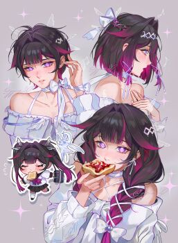 1girl alternate_costume alternate_hair_length alternate_hairstyle black_hair blunt_ends blush bread bread_slice casual columbina_(genshin_impact) commentary contemporary eating english_commentary food genshin_impact ggelus hair_intakes hair_ornament highres long_hair multicolored_hair open_mouth purple_eyes purple_hair streaked_hair toast two-tone_hair unusually_open_eyes wing_hair_ornament