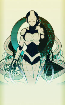 1girl absurdres android arm_at_side cable character_request closed_eyes closed_mouth commentary cropped_legs cytus english_text hand_on_own_head highres hijikimon2mon solo symbol-only_commentary thigh_gap