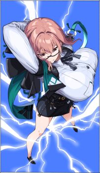 Rule 34 | 1girl, absurdres, black shoes, black skirt, breasts, collared shirt, glasses, highres, huge breasts, kei (soundcross), long hair, miniskirt, pink eyes, pink hair, ponytail, ribbon, shirt, shoes, skirt, thighs, tsukishiro yanagi, white shirt, zenless zone zero