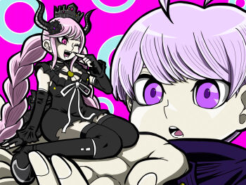 1boy 1girl absurdly_long_hair ahoge bare_shoulders black_crown black_dress black_flower black_footwear black_gloves black_horns black_sleeves black_thighhighs blue_jacket boots braid breasts buttons cleavage collared_jacket criss-cross_straps crown demon_horns detached_sleeves dress finger_to_cheek fingerless_gloves fingernails flower frilled_sleeves frills gloves hair_flower hair_ornament high_collar high_heel_boots high_heels highres horns jacket jan1214 knee_boots large_breasts long_hair long_sleeves looking_at_another master_detective_archives:_rain_code mini_person minigirl one_eye_closed open_mouth outstretched_hand pink_background pink_eyes pink_hair purple_eyes purple_hair shinigami_(rain_code) short_dress short_hair sitting size_difference sleeveless sleeveless_dress smile stiletto_heels teeth thighhighs twin_braids very_long_hair wariza yuma_kokohead