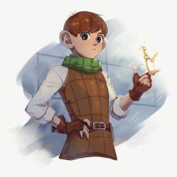 Rule 34 | 1boy, armor, black eyes, brown gloves, brown hair, chilchuck tims, cropped legs, dungeon meshi, fingerless gloves, gloves, halfling, hand on own hip, highres, keyring, leather armor, male focus, neck warmer, short hair, solo, standing, yvw777