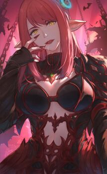 1girl breasts ddsfukas elezen elf final_fantasy final_fantasy_xiv fingernails grin highres large_breasts long_hair looking_at_viewer mole mole_under_mouth pointy_ears red_hair red_lips red_nails sharp_fingernails smile solo upper_body vamp_fatale yellow_eyes