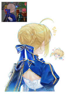 1girl absurdres ahoge animal_ears artoria_pendragon_(fate) back_cutout blonde_hair blue_bow blue_dress blue_eyes bow braid bright_pupils bun_with_braided_base chibi clothing_cutout commentary dress fate/stay_night fate_(series) food game_screenshot_inset hair_bow highres honkai:_star_rail honkai_(series) ice_cream ice_cream_cone juliet_sleeves lion_ears long_sleeves nigiri notice_lines puffy_sleeves reference_inset saber_(fate) saber_(honkai:_star_rail)_(fate) screenshot_inset sidelocks simple_background twitter_username waffle_cone watermark white_background