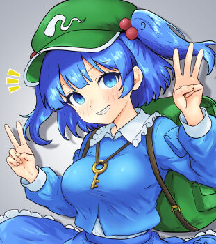 Rule 34 | 1girl, backpack, bag, blue eyes, blue hair, blue shirt, blue skirt, blush, breasts, collared shirt, commentary request, finger counting, frilled shirt collar, frilled skirt, frills, green bag, green hat, grey background, grin, hair bobbles, hair ornament, hat, highres, hinben, jewelry, kawashiro nitori, key, key necklace, large breasts, medium hair, middle w, necklace, notice lines, shadow, shirt, skirt, smile, touhou, two side up, v, w