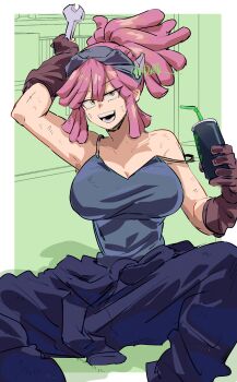 1girl absurdres arm_up bare_shoulders bibiri_(r42r98r) black_tank_top boku_no_hero_academia border breasts brown_gloves cleavage clothes_around_waist commentary_request crosshair_pupils drink drinking_straw feet_out_of_frame gloves goggles goggles_on_head green_background hair_between_eyes hand_on_headwear hatsume_mei highres holding holding_drink holding_wrench huge_breasts long_hair on_floor open_mouth outside_border pink_hair ponytail sitting sleeveless smile solo strap_slip symbol-shaped_pupils tank_top teeth twitter_username white_border wrench yellow_eyes