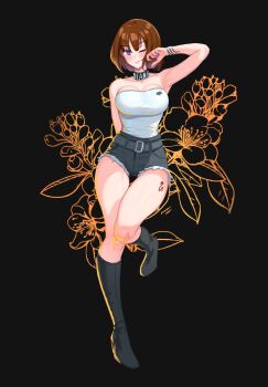1girl bare_shoulders belt boots brown_hair dark_background diane_(nanatsu_no_taizai) emmettart highres leg_tattoo looking_to_the_side nanatsu_no_taizai one_eye_closed purple_eyes short_hair shorts sleeveless tattoo
