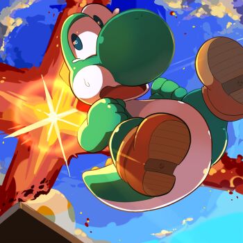 blue_sky brown_shoes cloud commentary_request explosion mario_(series) mokechi nintendo no_humans nostrils open_mouth scared shoe_soles shoes sky super_smash_bros. sweatdrop tears yoshi