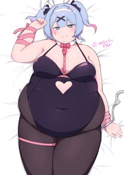 1girl absurdres belly between_breasts big_belly black_pantyhose blue_eyes blue_hair blush bow bowtie breasts cleavage clothing_cutout covered_navel cuffs detached_collar fat fat_woman hair_ornament hair_ribbon hairband handcuffed handcuffs hatsune_miku heart_cutout highres large_breasts lying masakin multicolored_hair obese on_back pantyhose pink_hair pink_pupils playboy_bunny plump puffy_cheeks rabbit_ears rabbit_hair_ornament rabbit_hole_(vocaloid) ribbon smile solo strap_between_breasts teardrop_facial_mark thigh_strap twintails vocaloid white_hairband wrist_wrap x_hair_ornament