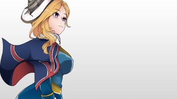 Rule 34 | 1girl, absurdres, ascot, azur lane, blonde hair, blue capelet, blue eyes, blue jacket, blush, breasts, capelet, closed mouth, commentary, commission, crossover, english commentary, frilled ascot, frills, fur-trimmed jacket, fur trim, gloves, hair over shoulder, hat, highres, hood (azur lane), jacket, large breasts, light frown, long hair, long sleeves, lsheng, military uniform, pixiv commission, simple background, solo, standing, tilted headwear, union jack, union jack print, upper body, white background, white gloves, white hat