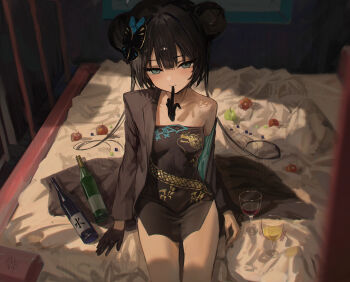 1girl alcohol black_dress black_gloves black_hair blue_archive blush breasts butterfly_hair_ornament china_dress chinese_clothes cup double_bun dragon_print dress drinking_glass food fruit glove_in_mouth gloves grey_eyes hair_bun hair_ornament halo hidulume highres jacket kisaki_(blue_archive) long_hair looking_at_viewer mouth_hold off_shoulder on_bed sitting sleeveless sleeveless_dress small_breasts solo twintails wine wine_glass