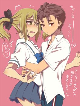 1boy 1girl black_bow blonde_hair blue_bow blue_pants blue_skirt blush bow breasts chest_bow chuo_tanegashima_high_school_uniform collared_shirt cropped_shirt embarrassed hair_between_eyes hair_bow hetero high-waist_skirt hug koujiro_frau long_hair longerthan looking_at_viewer miniskirt multiple_hair_bows open_mouth pants pink_lips pleated_skirt pursed_lips red_eyes red_hair red_shirt robotics;notes sailor_collar school_uniform science_adventure shiny_lips shirt shirt_under_shirt short_sleeves sidelocks skirt small_breasts surprised thighs tongue twintails wavy_mouth white_sailor_collar white_shirt yashio_kaito yellow_eyes