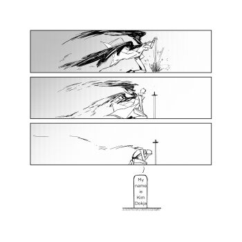 1boy black_wings coat commentary_request covering_own_face english_text feathered_wings greyscale highres holding holding_sword holding_weapon kim_dokja kneeling monochrome omniscient_reader&#039;s_viewpoint open_clothes open_coat planted planted_sword planted_weapon popped_collar progression seiza short_hair sitting solo sword tombstone twle weapon wings