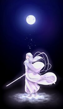Rule 34 | 1046sstep btoh, 1girl, bleach, bleach: sennen kessen-hen, commentary request, from side, full body, full moon, hakka no togame (bankai), highres, holding, holding sword, holding weapon, kuchiki rukia, long hair, looking at viewer, moon, purple eyes, signature, solo, sword, weapon, white hair