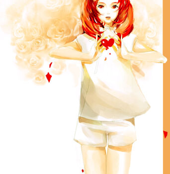 1girl athenacg bare_arms commentary cowboy_shot english_commentary expressionless floating_clothes flower heart lipstick long_hair looking_at_viewer makeup marker_(medium) object_floating_above_hand orange_lips original outside_border parted_lips red_eyes red_hair rose shards shirt short_sleeves shorts solo standing t-shirt thighs traditional_media white_background white_shirt white_shorts yellow_flower yellow_rose