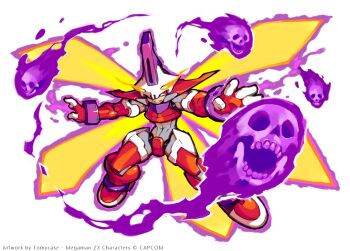 1boy armor aura blonde_hair crotch_plate fire floating_skull full_body helmet long_hair male_focus mega_man_(series) mega_man_zx model_w_(mega_man) official_alternate_color parted_lips partially_shaded_face prometheus_(mega_man) purple_fire red_armor red_eyes red_helmet simple_background skull-shaped_hat smirk solo teeth tomycase white_background white_helmet