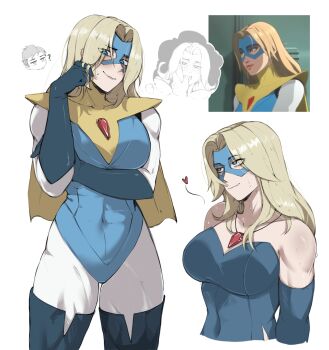 1boy 1girl ? absurdres bare_shoulders blonde_blazer blonde_hair blue_leotard blue_mask breasts cape cleavage closed_mouth commentary dispatch english_commentary eye_mask game_screenshot_inset highres large_breasts leotard long_hair mask masoq multiple_views robert_robertson simple_background smile standing superhero_costume sweat white_background yellow_cape