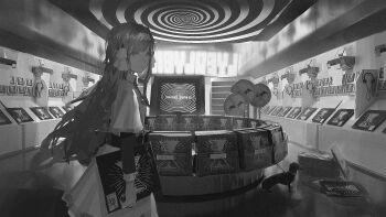Rule 34 | 1girl, afterforever, animal, closed mouth, collared shirt, commentary, dachshund, dog, dress, expressionless, greyscale, hairband, headphones, highres, indoors, long hair, mirrored text, monochrome, original, polybius, shirt, solo, spiral, symbol-only commentary
