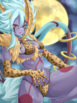 1girl alternate_costume animal_print bikini blonde_hair breasts colored_skin commentary_request duel_monster elbow_gloves full_moon fur_trim gloves highres leopard_print leopard_print_bikini leopard_print_gloves long_hair looking_at_viewer low_ponytail lunalight_leo_dancer medium_breasts moon multicolored_hair navel nobea ponytail print_bikini purple_skin red_eyes slit_pupils solo swimsuit two-tone_hair very_long_hair white_hair yu-gi-oh!
