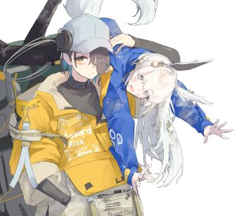 Rule 34 | 2girls, animal ears, arknights, arm up, asbestos (arknights), baseball cap, black pants, blue jacket, carrying, carrying over shoulder, carrying person, commentary request, frown, grey hair, grey hat, grey shirt, hair over one eye, hand in pocket, happy, hat, highres, infection monitor (arknights), jacket, long bangs, long sleeves, multiple girls, pants, revision, sasa fune, shirt, simple background, sleeves rolled up, squirrel ears, squirrel tail, surfer (arknights), tail, white background, white hair, wide sleeves, yellow eyes, yellow jacket