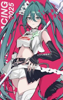 Rule 34 | 1girl, absurdres, aqua eyes, aqua hair, asymmetrical legwear, asymmetrical sleeves, bell sleeves, belt, black belt, black sleeves, clothes writing, commentary, cowboy shot, criss-cross halter, crop top, cropped shirt, cropped vest, crossed bangs, crown (symbol), detached sleeves, garan (garan0502), gloves, goodsmile company, goodsmile racing, hair between eyes, hair intakes, half gloves, halterneck, hatsune miku, high collar, highres, holding, holding megaphone, long hair, looking at viewer, megaphone, midriff, mismatched legwear, mismatched sleeves, navel, o-ring, o-ring belt, paint splatter, parted lips, print shirt, racing miku, racing miku (2025), red background, shirt, short shorts, shorts, single glove, sleeves past wrists, solo, studded belt, twintails, very long hair, vest, vocaloid, white shirt, white shorts, white vest