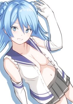 1girl 30-06 blue_eyes blue_hair blue_sailor_collar breasts donut_hair_bun double_bun elbow_gloves from_above gloves grey_skirt hair_bun highres kantai_collection large_breasts looking_at_viewer navel open_clothes open_shirt sailor_collar simple_background skirt sleeves_rolled_up solo urakaze_(kancolle) white_background white_gloves