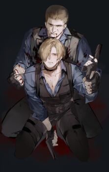 2boys absurdres albert_wesker animal_collar black_collar black_gloves black_pants blonde_hair blood blood_from_mouth blood_on_face blood_on_gun blue_shirt bulletproof_vest collar collared_shirt dual_wielding fingerless_gloves furrowed_brow gloves gun hair_over_one_eye hair_slicked_back handgun highres holding holding_another's_wrist holding_gun holding_leash holding_weapon humidifier_xd kneeling leash leon_s._kennedy male_focus multiple_boys pants parted_lips police police_uniform resident_evil resident_evil_2 shirt weapon yaoi