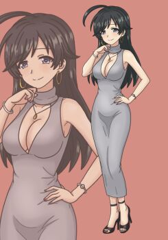 1girl ahoge black_hair blue_eyes blush breasts cleavage dress earrings full_body girls_und_panzer grey_dress isuzu_hana jewelry kkonmulbeom_nyomy larg_breasts long_hair nail_polish necklace simple_background smile solo standing