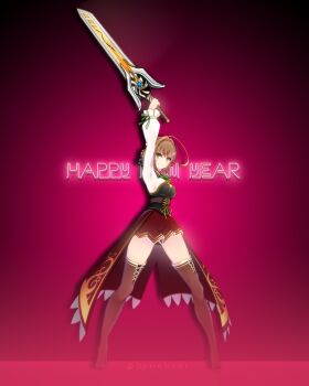 1girl absurdres ahoge antenna_hair ascot boots braid breasts brown_hair bun_with_braided_base commentary duvalie eiyuu_densetsu english_commentary english_text full_body furisode_(pixilvina) gradient_background green_ascot green_eyes hair_bun hair_intakes happy_new_year high_heel_boots high_heels highres holding holding_sword holding_weapon huge_weapon large_breasts long_sleeves looking_at_viewer new_year pink_background puffy_long_sleeves puffy_sleeves sen_no_kiseki sen_no_kiseki_(series) sen_no_kiseki_iv short_hair simple_background skirt solo sword thigh_boots weapon