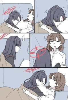 2girls black_hair black_serafuku black_wings blue_archive breasts closed_eyes commentary_request cuddling drooling female_sensei_(blue_archive) female_sensei_(blue_archive)_(mikazukimo_478) girl_on_top hair_ornament hairclip halo highres ichika_(blue_archive) long_hair long_sleeves lying lying_on_person mikazukimo_478 multiple_girls on_stomach red_halo school_uniform sensei_(blue_archive) serafuku sleeping sleeping_on_person wings yuri zzz